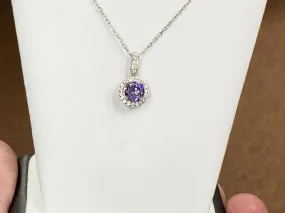 Purple Swarovski Zirconia Silver Halo Pendant With Chain