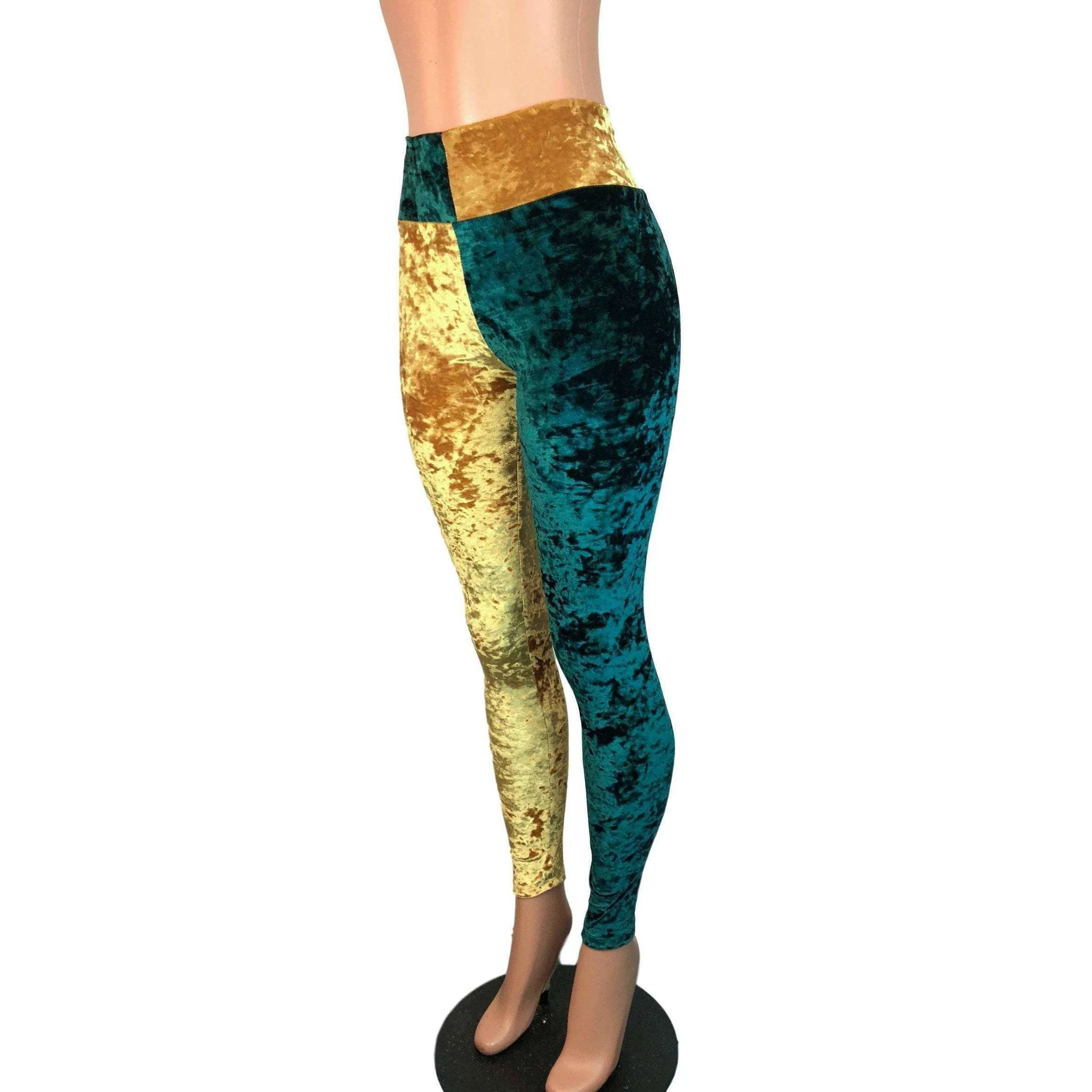 *Sample - Green & Gold Sports Team Crushed Velvet High Waist Leggings Pants - Final Sale