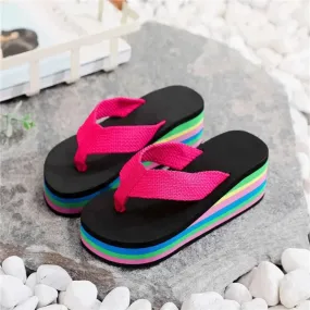 Slippers Women Summer Rainbow Thick Soled Sandals Colorful High Heels Outside Casual Beach Flip Flops Women  Chanclas Mujer EVA