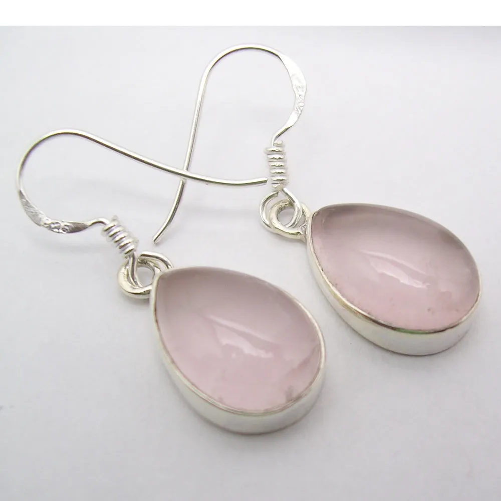 Solid Silver Pear-Drop Chunky Rose Quartz Earrings