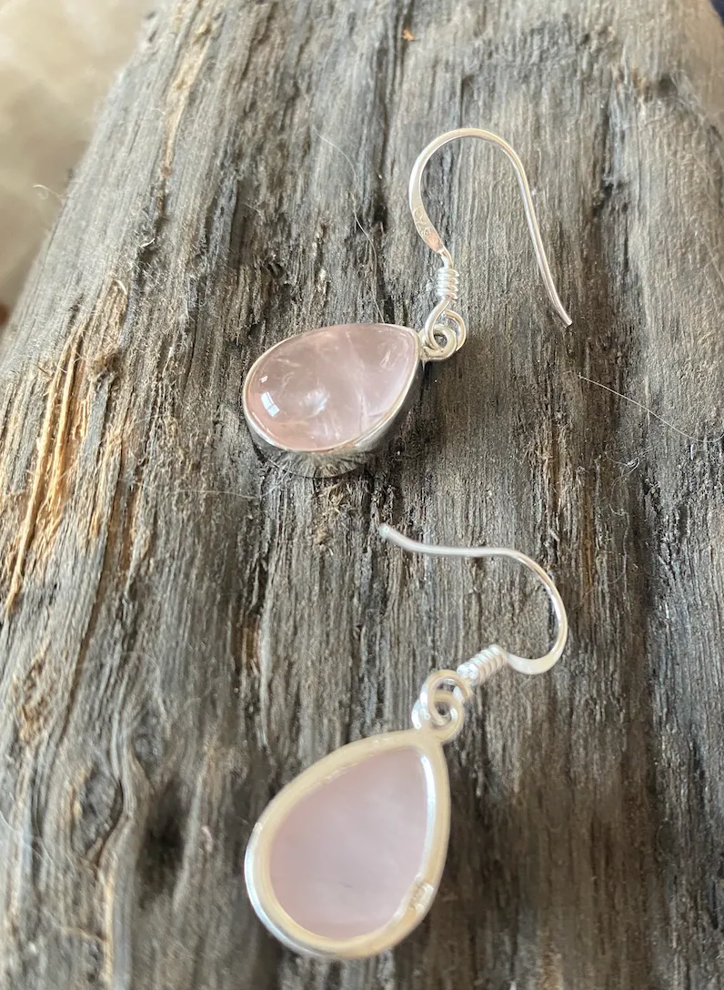 Solid Silver Pear-Drop Chunky Rose Quartz Earrings