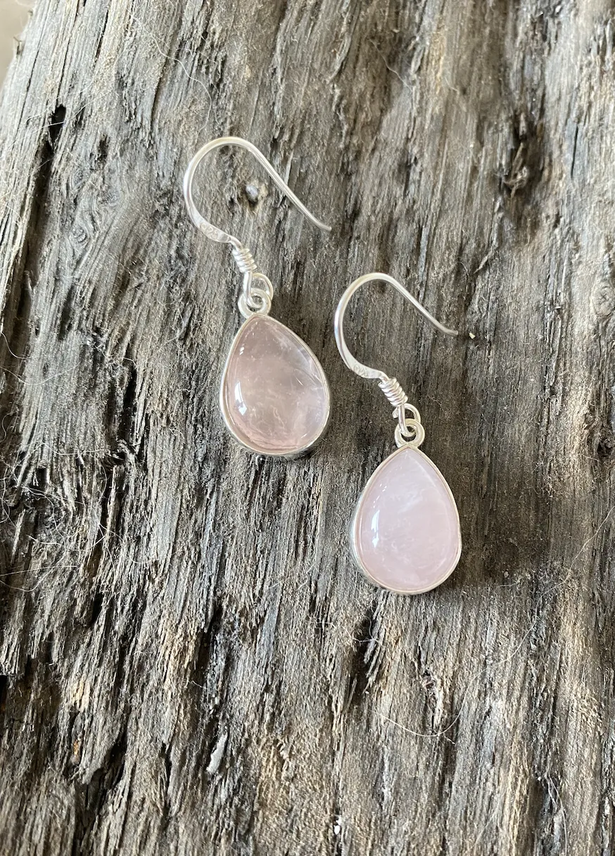 Solid Silver Pear-Drop Chunky Rose Quartz Earrings