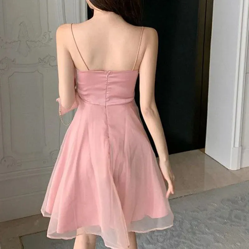 Summer sexy tulle halter dress female French slim thin shoulder strap pink dress female fashion Joker back zipper A-line skirt