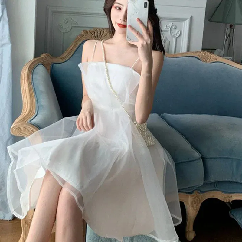 Summer sexy tulle halter dress female French slim thin shoulder strap pink dress female fashion Joker back zipper A-line skirt