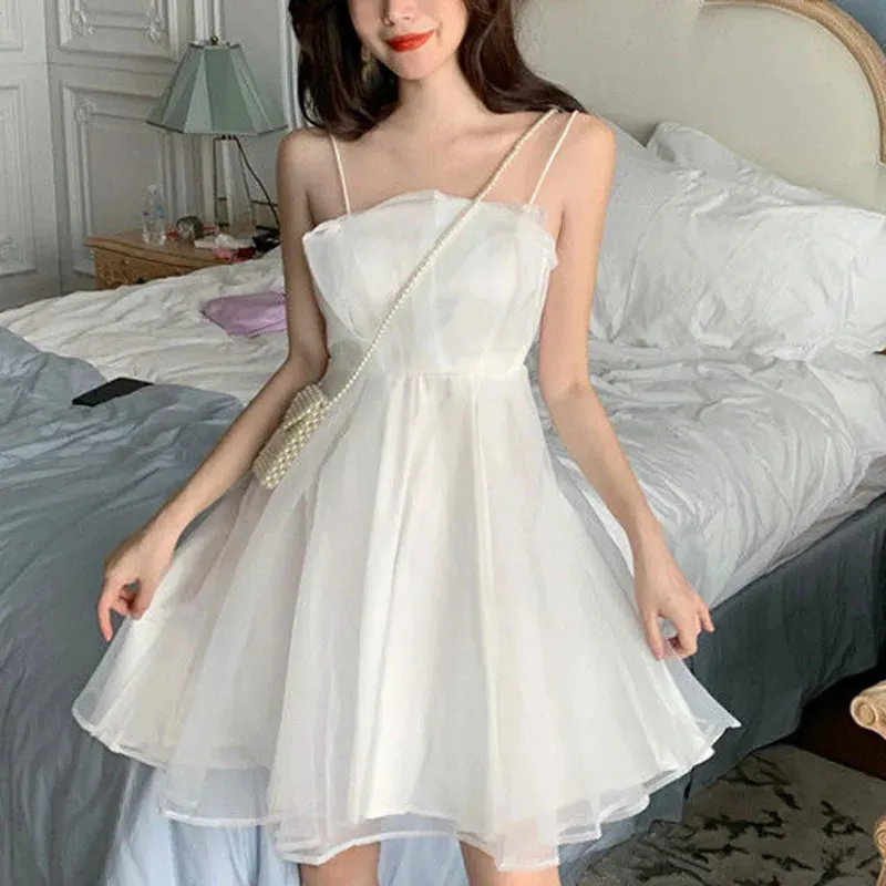 Summer sexy tulle halter dress female French slim thin shoulder strap pink dress female fashion Joker back zipper A-line skirt