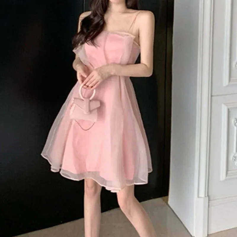 Summer sexy tulle halter dress female French slim thin shoulder strap pink dress female fashion Joker back zipper A-line skirt