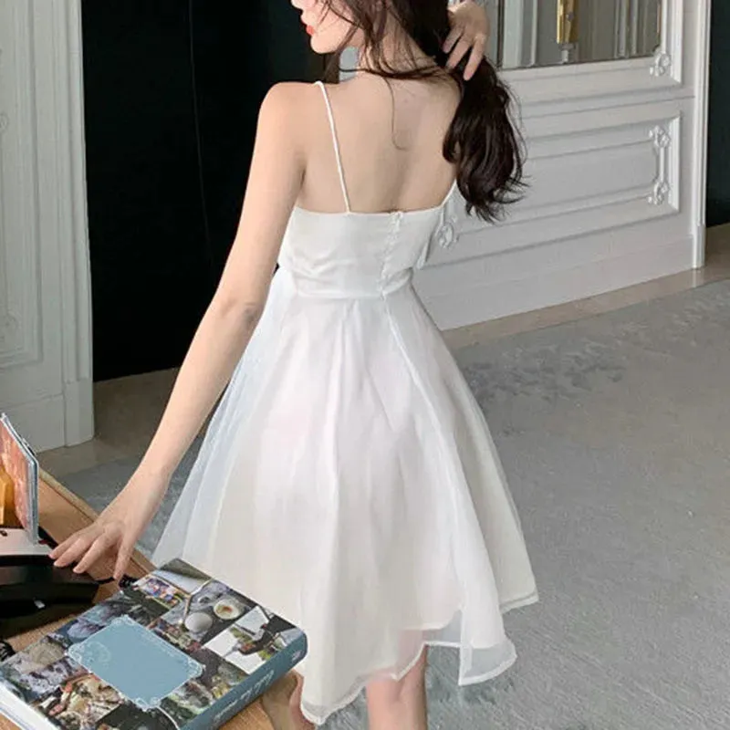 Summer sexy tulle halter dress female French slim thin shoulder strap pink dress female fashion Joker back zipper A-line skirt