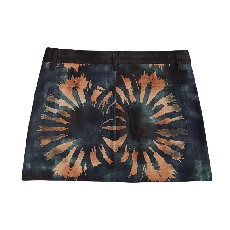 Vampire Art Boho Festival Tie-Dye Mini Denim Skirt -  Orange Stripes