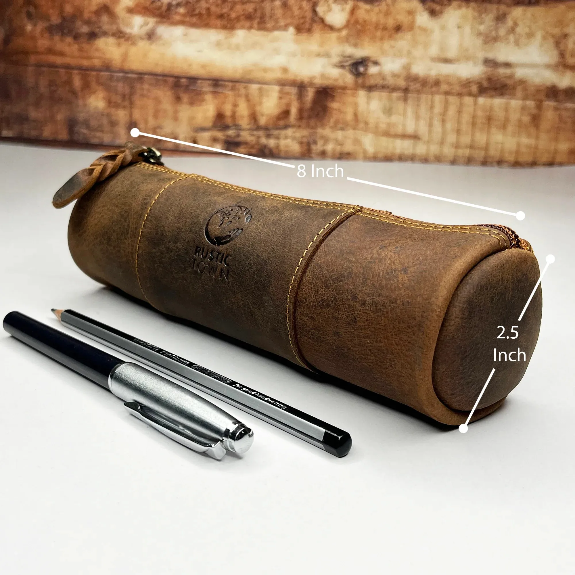 Winnie Leather Zipper Pen Pencil Case (Brown)