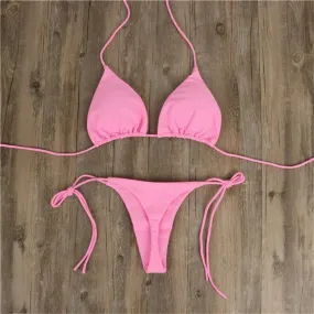 Women's swimsuit Bikinis Set Women Sexy Pink Bandage Ladies Thongs Solid Two Piece Suit Female купальник traje de bao mujer